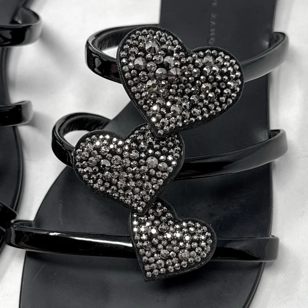 Giuseppe Zanotti Anya Swarovski Crystal Heart Slide Mule Flat Sandals Black 37.5